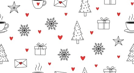 Seamless christmas pattern with gift boxes, hearts, snowflakes and christmas trees