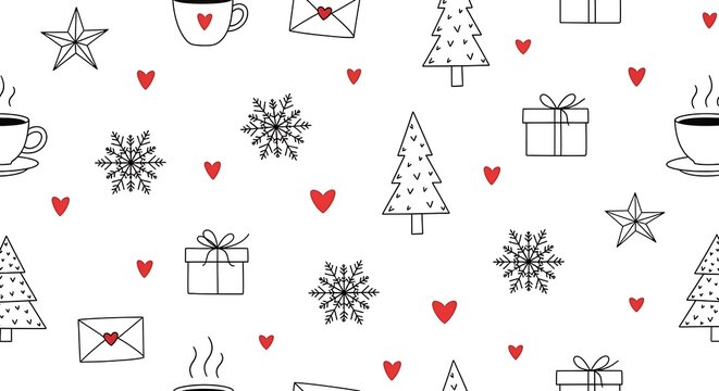 Seamless christmas pattern with gift boxes, hearts, snowflakes and christmas trees