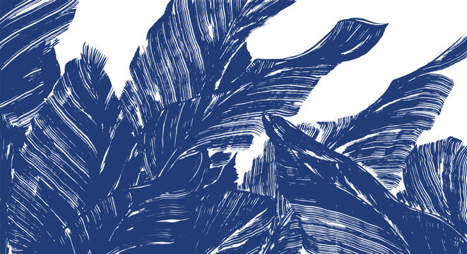 Hand drawn vibrant brush stroke of tropical banana or palm leaves in blue with textured white line. Japanese and tribal wood carving, block print style background for textile, carpet
