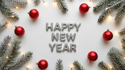 Festive happy new year message surrounded by frosted pine branches and red ornaments