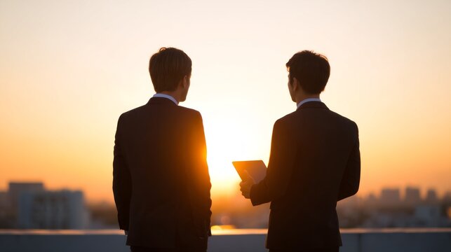 Two professionals in suits engage in a serious business discussion on a rooftop as the sun sets, casting a warm glow. The city skyline creates a stunning backdrop to their meeting
