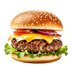 Delicious burger featuring a sesame bun, cheese, and fresh ingredients