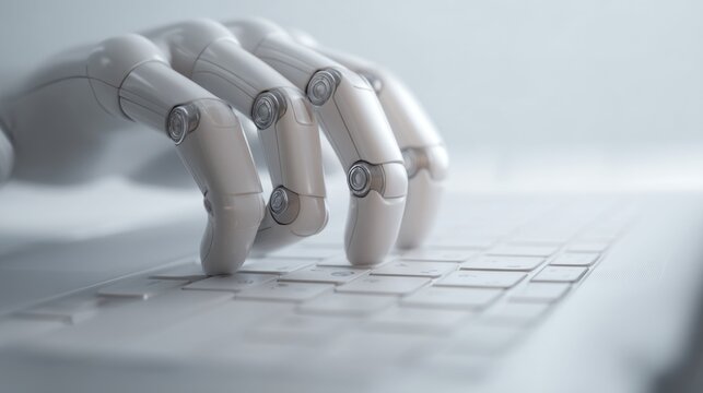 In a bright and minimalistic workspace, a robotic hand gracefully presses the keys of a laptop keyboard, showcasing the integration of technology and creativity