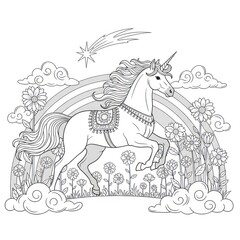 Unicorn illustration jumping over a rainbow with flowers