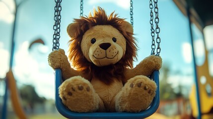 Stuffed lion on a swing at a playground