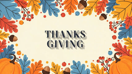 Holiday illustration with Thanks Giving text and autumn botanicals, ideal for party invitations, restaurant menus or seasonal blog graphics