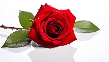 Vivid close-up of a single, flawless red rose with green leaves