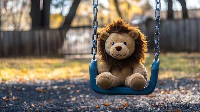 Stuffed lion on a swing at a playground - Powered by Adobe