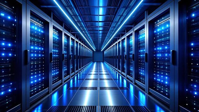 Illuminated Server Room Hallway With Rows Of Blue Light Blinking Computer Racks And Reflective Floor