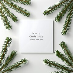 Minimalist merry christmas card surrounded by pine branches on white background