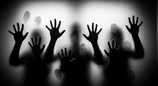 Dark silhouettes of hands pressed against frosted glass create a spooky atmosphere. Perfect for horror themes, mystery projects, or Halloween designs. The blurred figures add suspense.