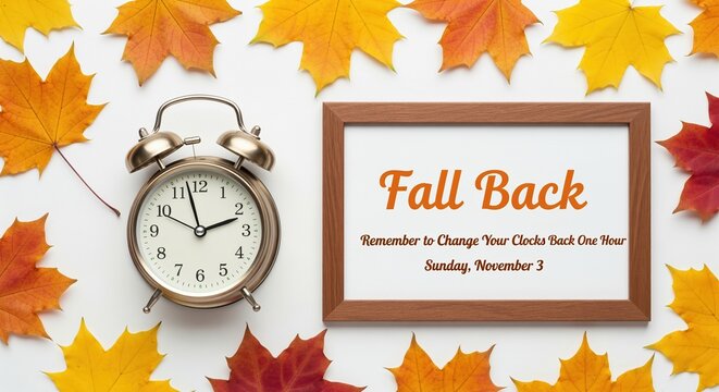 Daylight saving time reminder with vintage alarm clock and framed sign on white background surrounded by colorful fall maple leaves. Perfect for autumn time change announcements and reminders.