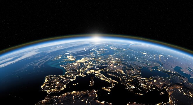 Earth view from space showing Europe at night with bright city lights. The sun rises over the horizon. Perfect for global business, environmental awareness, or technology projects. - Powered by Adobe