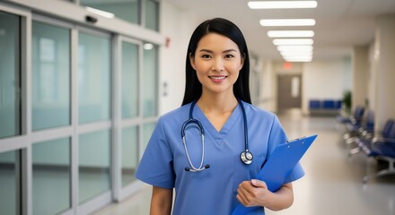 A young woman in blue scrubs with a stethoscope holds a clipboard while standing in a bright hospital corridor. Perfect for healthcare, medical services, nursing, or clinic materials.