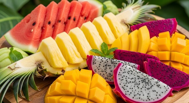 
A colorful arrangement of sliced tropical fruits including watermelon, mango, pineapple, and dragon fruit on a vibrant background - Powered by Adobe