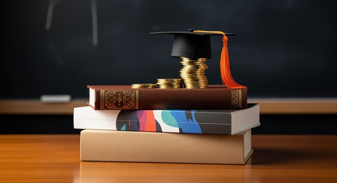Stack of books topped with gold coins and graduation cap on wooden desk with blackboard behind. Perfect for education savings, student loans, tuition costs, and scholarship concepts.
