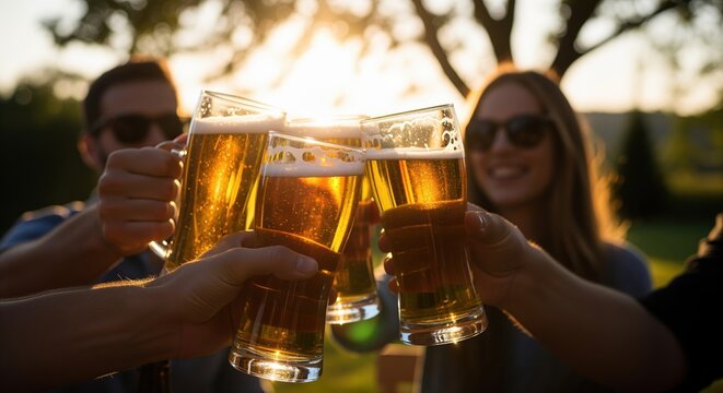 Friends toast with cold beer glasses outdoors during golden hour sunset. Perfect for showing celebration, friendship, and summer fun. Great for social gatherings and happy moments together.