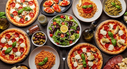 Overhead view of Italian food spread on wooden table. Features pizzas with pepperoni and cheese, pasta dishes, fresh salad, and olives. Perfect for restaurant menus or food blogs.