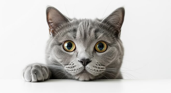 Gray tabby cat with striking yellow eyes peeks over white surface. Perfect for pet care ads, animal blogs, veterinary materials, or social media posts about cats and their playful behavior.