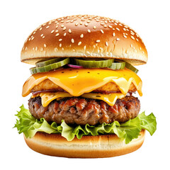 Gourmet burger with patty, cheese, lettuce, and sesame seed bun