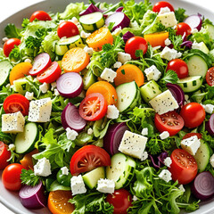 Colorful salad tomatoes, cucumbers, feta, greens, and red onions