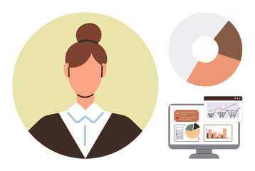 Female professional beside computer with growth charts, pie chart. Ideal for business, analytics, data visualization, technology, marketing, e-commerce strategy. Simple flat metaphor