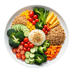Colorful bowl with grains, rice, fresh vegetables & varied textures