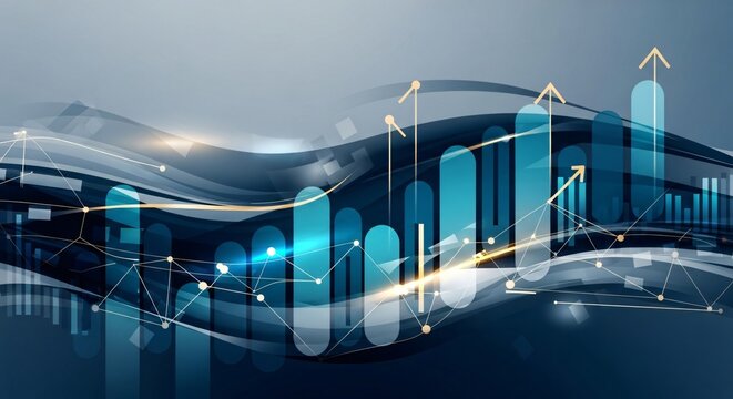 Abstract blue financial data visualization with ascending bar graphs and connecting nodes