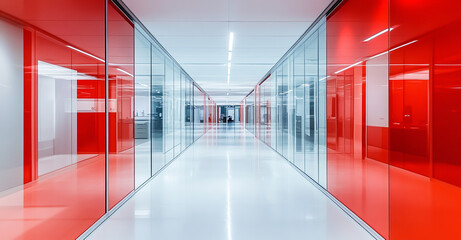 Bright and modern office hallway with red walls and glass partitions