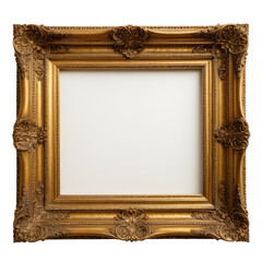 Ornate, gold picture frame. Decorative molding details. Empty center