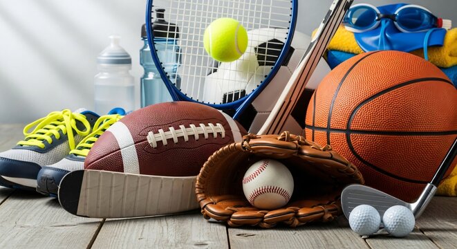 Assortment of popular sports equipment including basketball baseball soccer football tennis golf and swimming gear