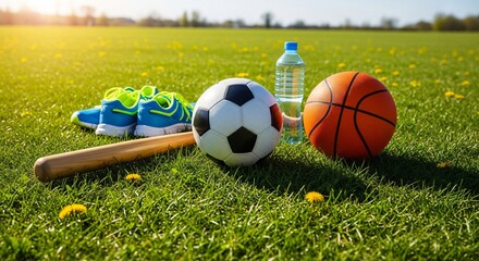 Soccer ball basketball baseball bat and running shoes rest on green grass under a bright sun