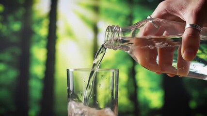 Refreshing clear water being poured from a glass bottle into a tall drinking glass set against a vibrant sundrenched green forest background symbolizing purity nature and healthy hydration. - Powered by Adobe