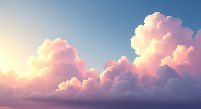 Soft pink and gold clouds illuminated by sunrise in a blue sky - Powered by Adobe