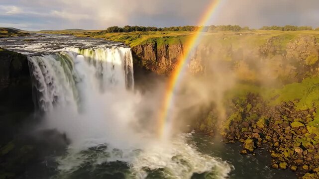 Experience the breathtaking beauty of a powerful waterfall surrounded by lush green cliffs and a stunning rainbow at sunset in Iceland, where nature's colors shine vividly.