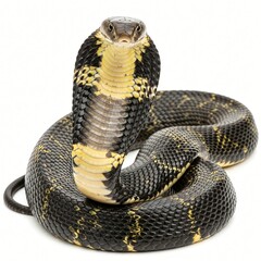 Obraz premium Black cobra snake with yellow markings poised and coiled on a white background