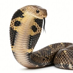 Fototapeta premium Cobra with hood spread and flicking tongue against white background snake