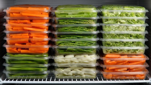 Colorful containers of sliced vegetables, including carrots, celery, and lettuce, are organized in a refrigerator. Each pack showcases freshness, ready for quick meals or healthy snacks