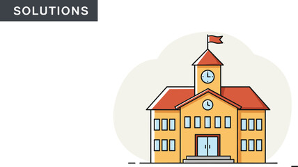 Cartoon school building with red roof, clock tower, flag, educational architecture, simple design, learning concept, classroom, campus, icon