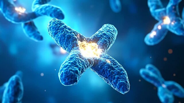 Abstract Blue Chromosomes Floating In Dark Deep Space With Glowing Particles And Soft Bokeh Lights Macro View