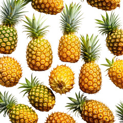 Fresh pineapples with green fronds scattered on a dark background