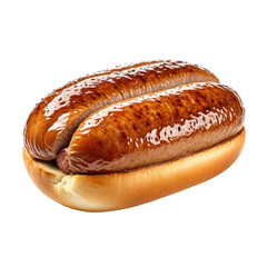 Juicy sausage sitting inside a golden, fluffy bun. Mouthwatering!