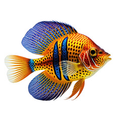 Fish has orange, blue, black, and yellow detailed coloring on a black background
