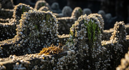 Barnacle Covered Structures at Low Tide Detail