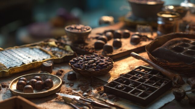 chocolate workshop with artisan handcrafting bonbons, various molds and cocoa beans around, cinematic light highlighting textures