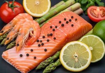 Fresh salmon fillet with shrimp asparagus tomatoes and citrus fruits