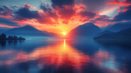 Sunset over lake and mountains
