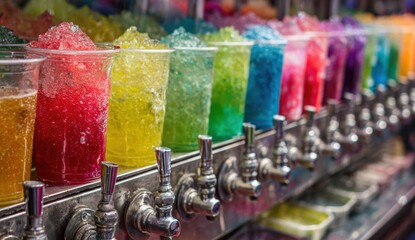 A vibrant row of colorful slushies in clear plastic cups is displayed, with each cup showcasing a different bright hue, creating an appealing and refreshing visual
