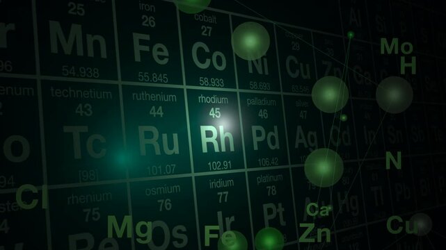 Glowing chemical elements molecules overlay scientific periodic table - Powered by Adobe