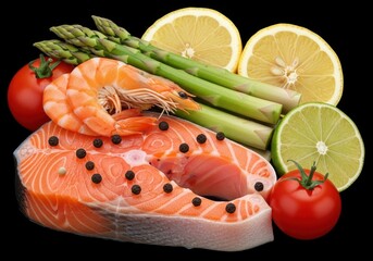 Fresh salmon steak garnished with shrimp, asparagus and tomato. Fish, lemon and vegetables on black background.